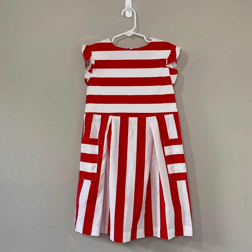 Jacadi Paris Girls Red White Striped Ruffle Pockets Pleat Dress Size 8A 128cm